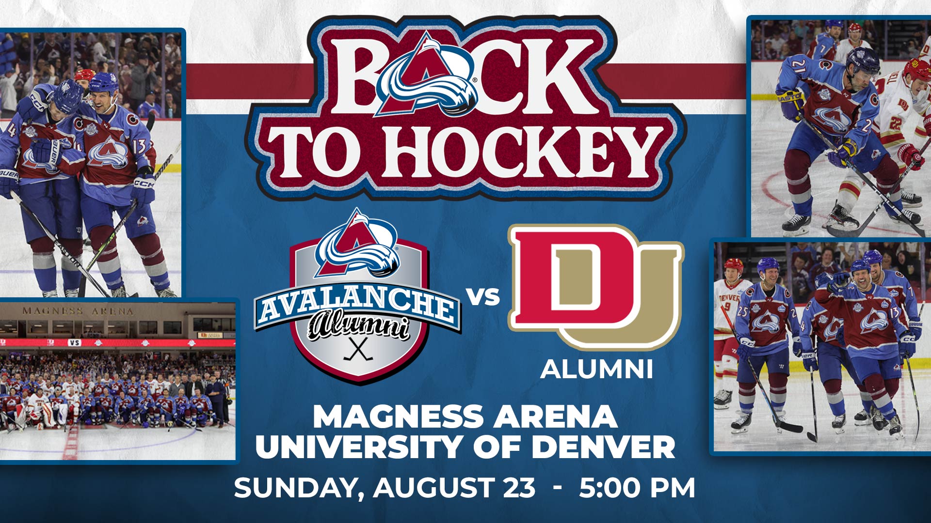 Colorado Avalanche Alumni versus DU Alumni hockey game promotional graphic